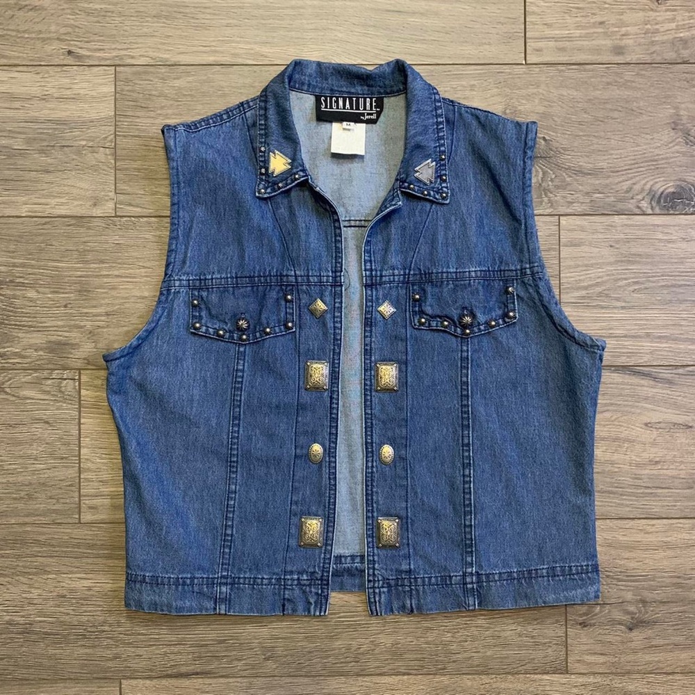 Vintage Signature By Jerell Size Medium Denim Vest With Metal Accents.